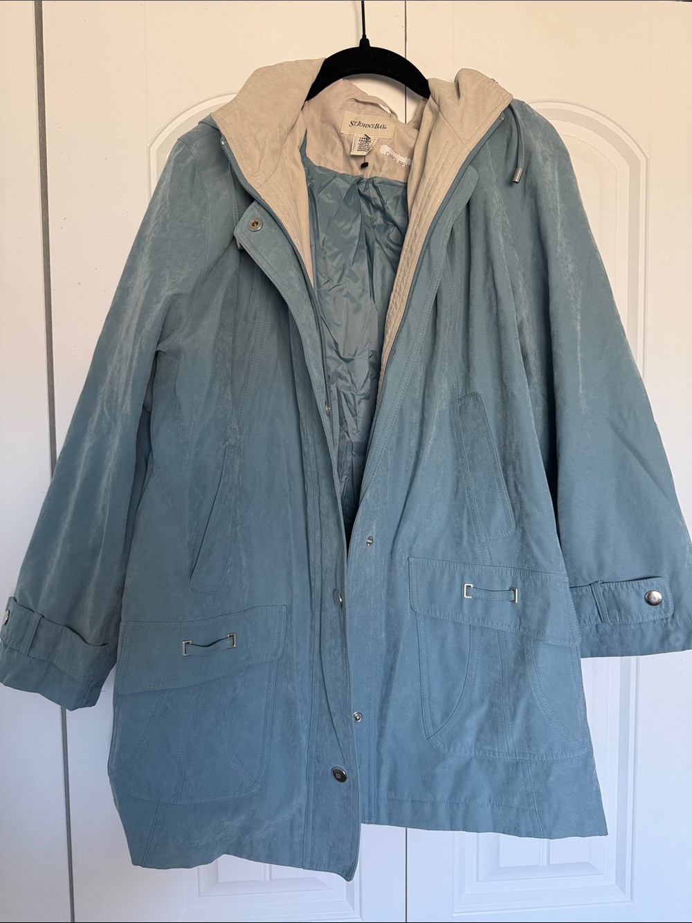St. John's Bay Dusty Blue Hooded Trench Coat with Cream Lining